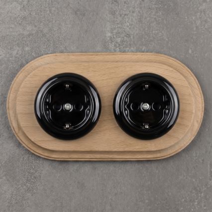 Elhard - Double ceramic retro wall socket with frame SCHUKO 230V black/light wood