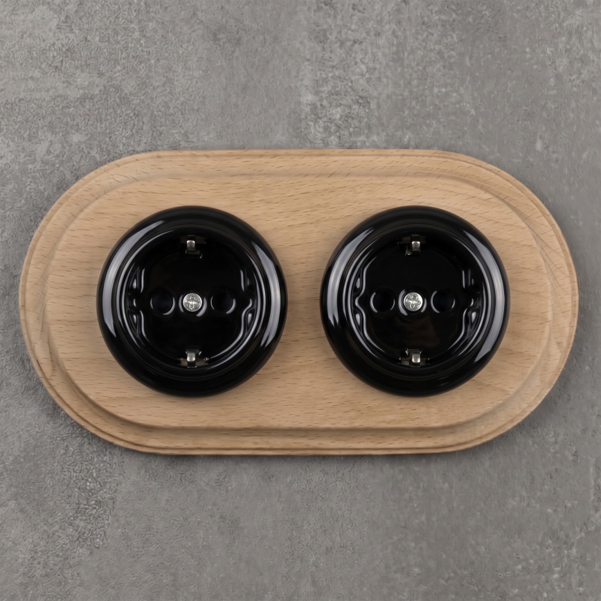 Elhard - Double ceramic retro wall socket with frame SCHUKO 230V black/light wood
