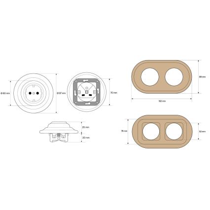 Elhard - Double ceramic retro wall socket with frame SCHUKO 230V black/light wood