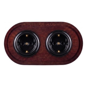 Elhard - Double ceramic retro household outlet with SCHUKO frame 230V black/dark wood