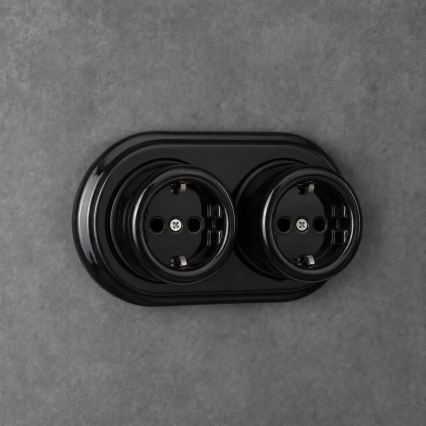 Elhard - Double Wall-Mounted Ceramic Retro SCHUKO Socket with Frame, 230V, Black