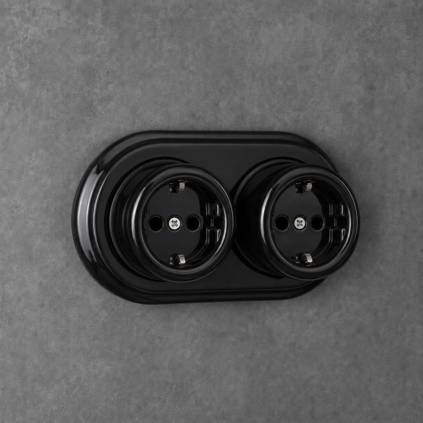 Elhard - Double Wall-Mounted Ceramic Retro SCHUKO Socket with Frame, 230V, Black