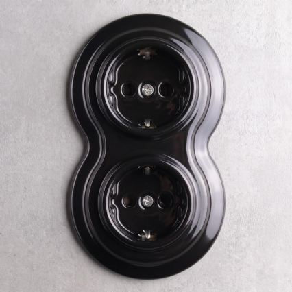 Elhard - Double ceramic retro household SCHUKO socket with frame 230V black