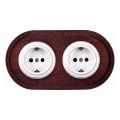Elhard - Double ceramic retro household SCHUKO socket with frame 230V white/dark wood