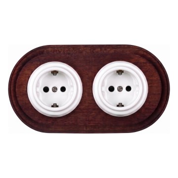 Elhard - Double ceramic retro household SCHUKO socket with frame 230V white/dark wood