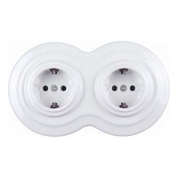 Elhard - Double Ceramic Retro Household SCHUKO Socket with Frame, 230V, White