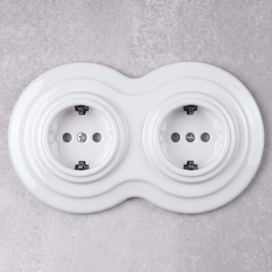 Elhard - Double Ceramic Retro Household SCHUKO Socket with Frame, 230V, White