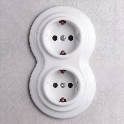 Elhard - Double Ceramic Retro Household SCHUKO Socket with Frame, 230V, White