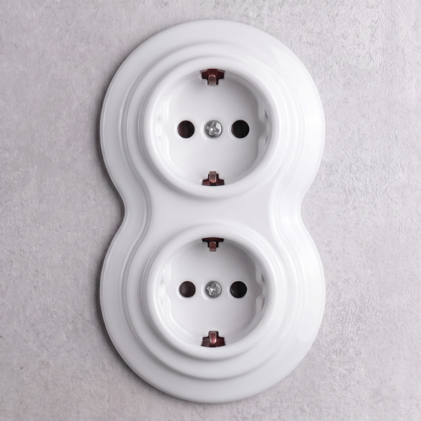 Elhard - Double Ceramic Retro Household SCHUKO Socket with Frame, 230V, White