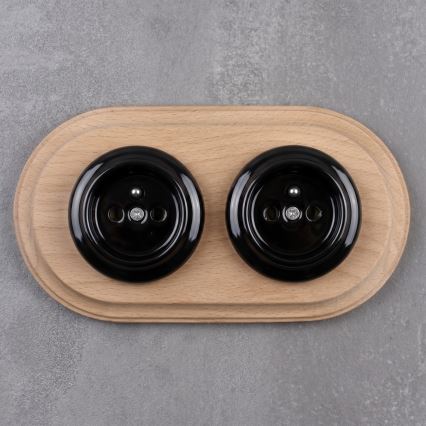 Elhard - Double ceramic retro-style residential outlet with frame, 230 V, black/light wood