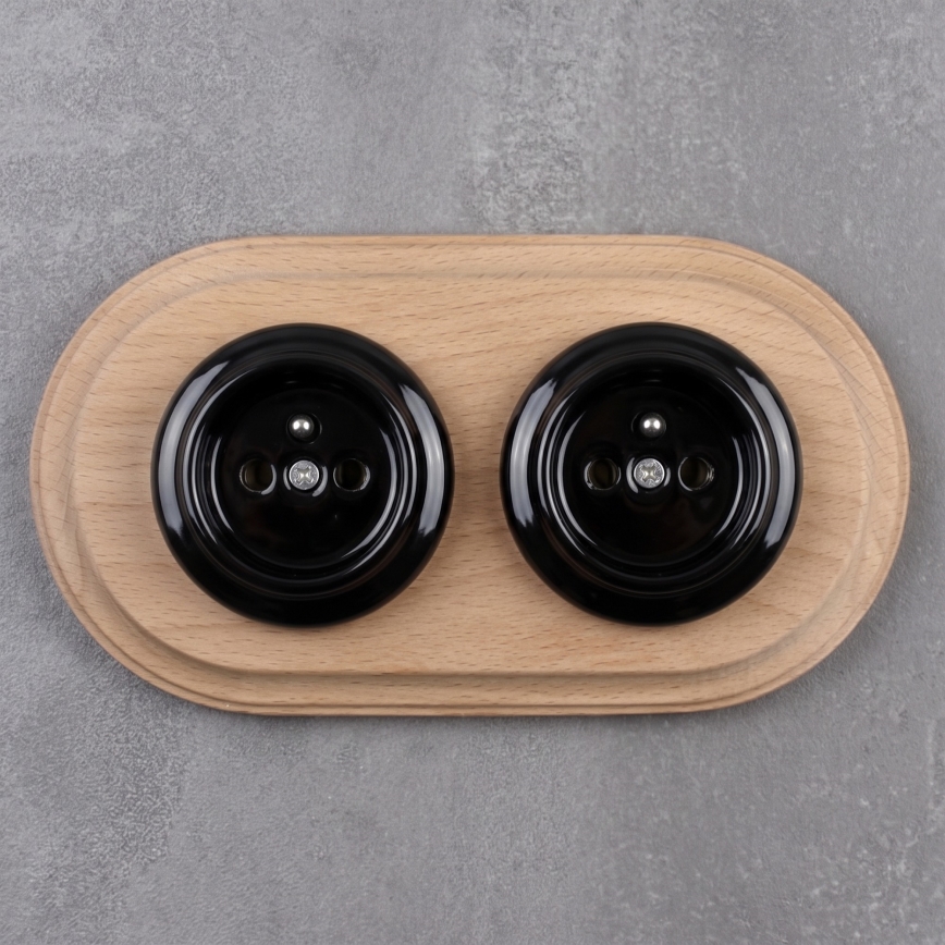 Elhard - Double ceramic retro-style residential outlet with frame, 230 V, black/light wood