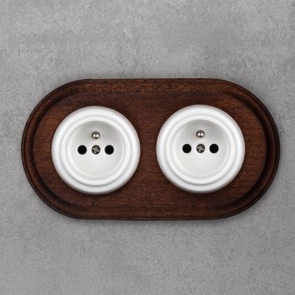 Elhard - Double ceramic retro household wall socket with frame, 230V, white/dark wood