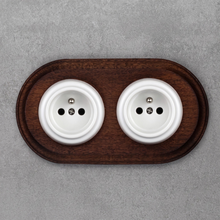 Elhard - Double ceramic retro household wall socket with frame, 230V, white/dark wood