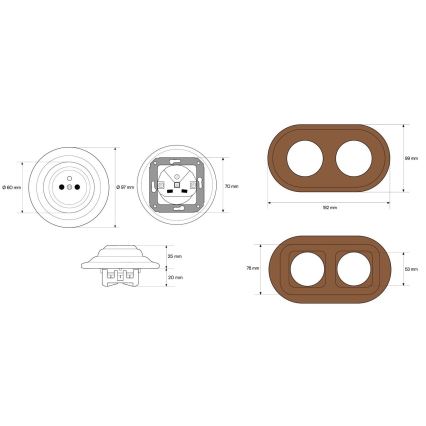 Elhard - Double ceramic retro household wall socket with frame, 230V, white/dark wood