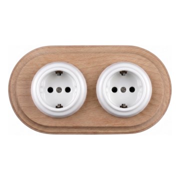 Elhard - Double ceramic retro household socket with SCHUKO frame 230V white/light wood