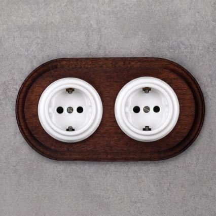Elhard - Double ceramic retro household SCHUKO socket with frame 230V white/dark wood