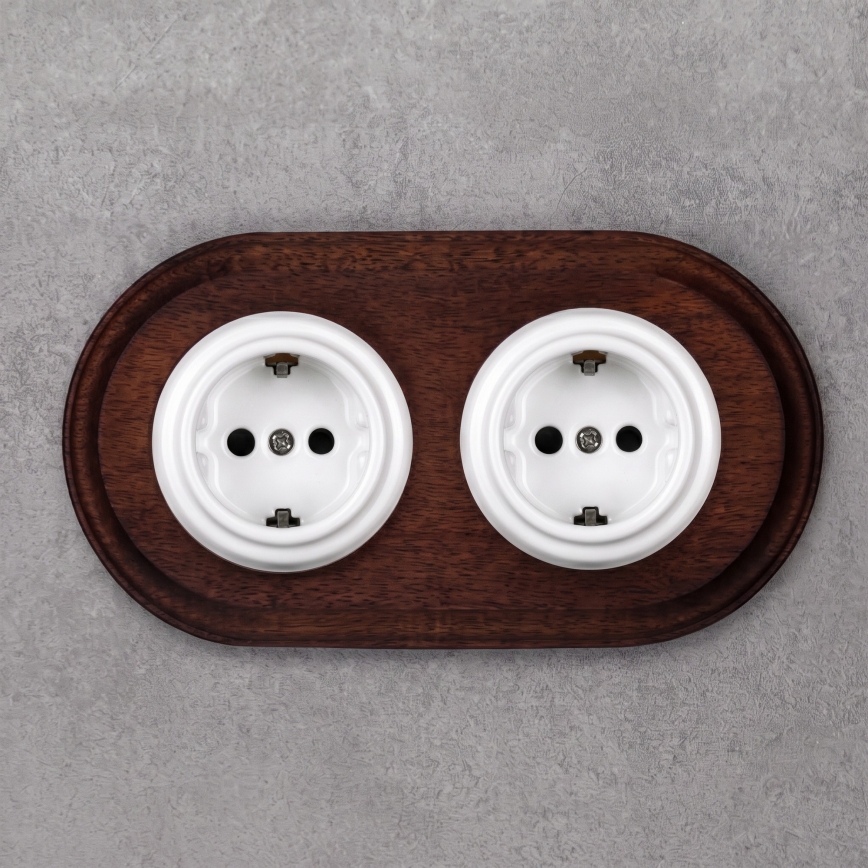 Elhard - Double ceramic retro household SCHUKO socket with frame 230V white/dark wood