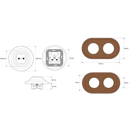 Elhard - Double ceramic retro household SCHUKO socket with frame 230V white/dark wood