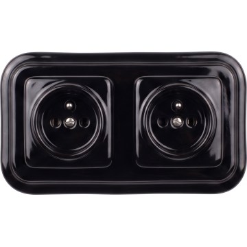 Elhard - Double ceramic retro household wall socket with frame, 230V, black