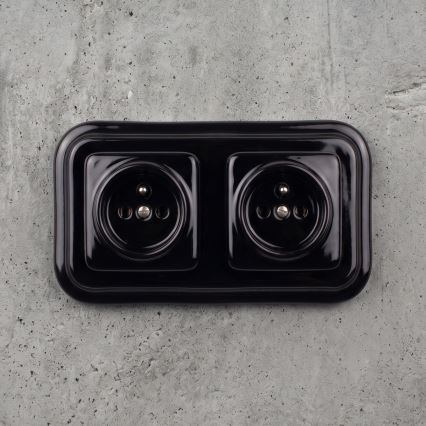 Elhard - Double ceramic retro household wall socket with frame, 230V, black