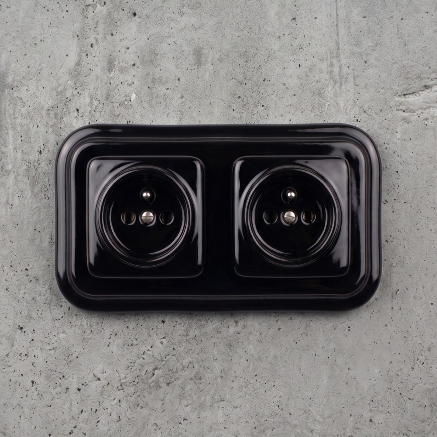 Elhard - Double ceramic retro household wall socket with frame, 230V, black