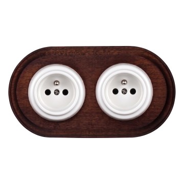 Elhard - Double ceramic retro household wall socket with frame, 230V, white/dark wood