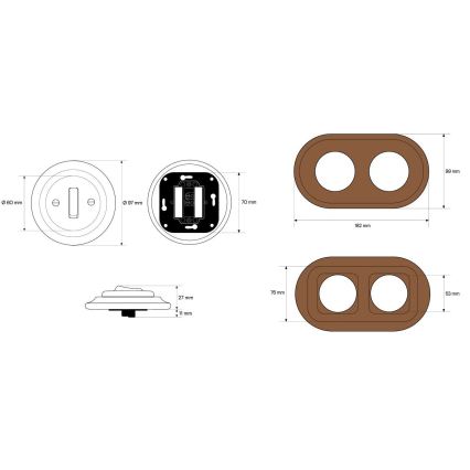 Elhard - Double ceramic retro light switch with frame č. 1 black/dark wood