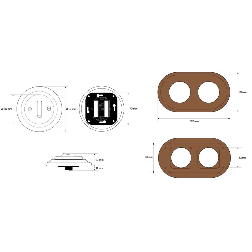 Elhard - Double ceramic retro light switch with frame č. 1 black/dark wood