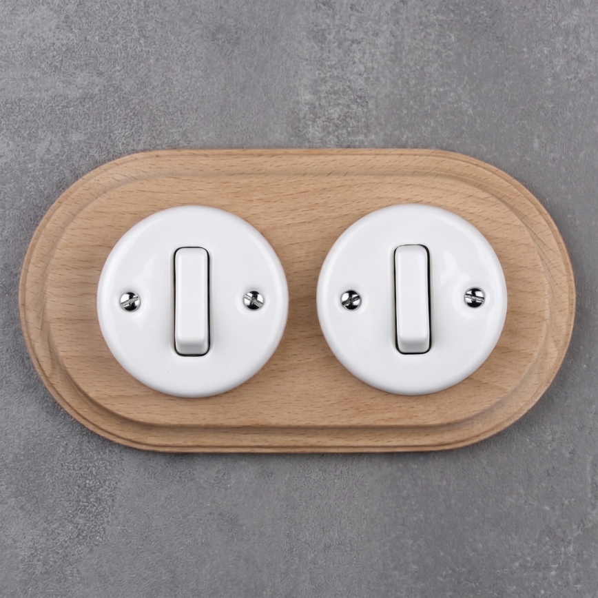 Elhard - Double ceramic retro light switch with frame č. 1 white/light wood