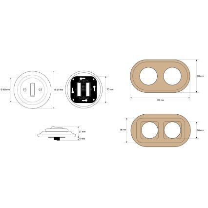 Elhard - Double ceramic retro light switch with frame č. 1 white/light wood