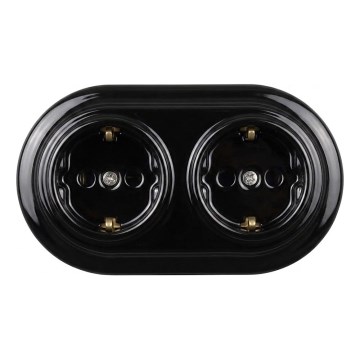 Elhard - Double ceramic retro SCHUKO socket with frame, 230V, black