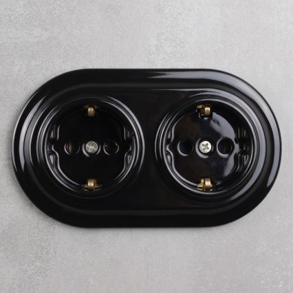 Elhard - Double ceramic retro SCHUKO socket with frame, 230V, black