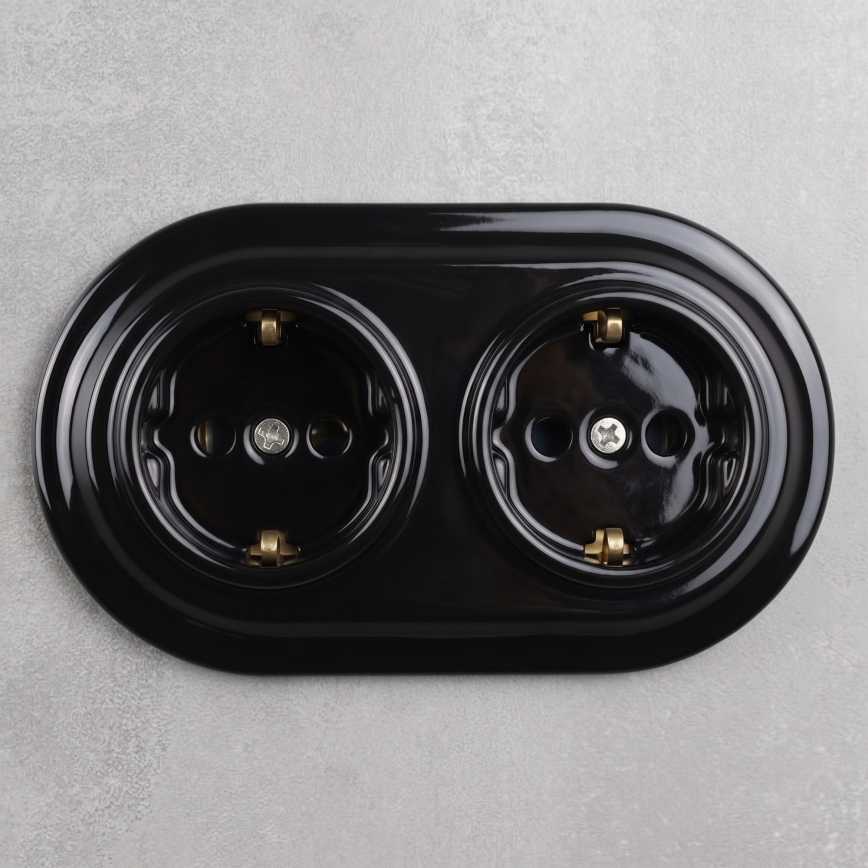 Elhard - Double ceramic retro SCHUKO socket with frame, 230V, black
