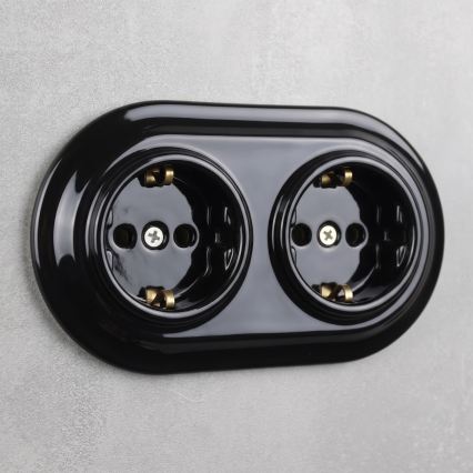 Elhard - Double ceramic retro SCHUKO socket with frame, 230V, black
