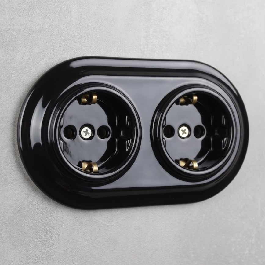 Elhard - Double ceramic retro SCHUKO socket with frame, 230V, black
