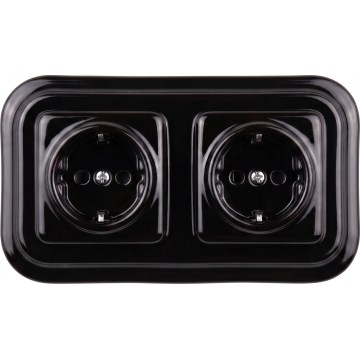 Elhard - Double Ceramic Retro SCHUKO Wall Socket with Frame, 230V, Black