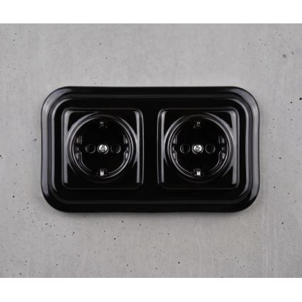 Elhard - Double Ceramic Retro SCHUKO Wall Socket with Frame, 230V, Black