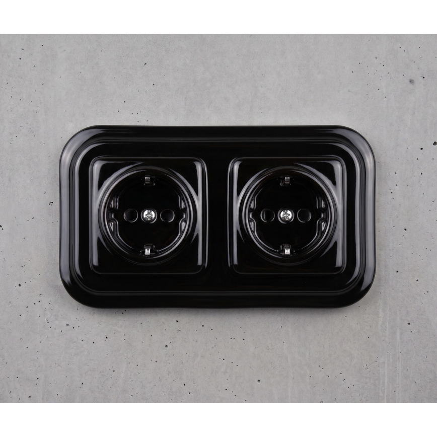 Elhard - Double Ceramic Retro SCHUKO Wall Socket with Frame, 230V, Black