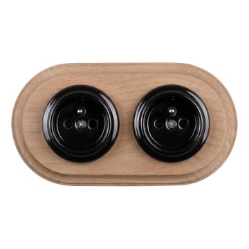 Elhard - Double ceramic retro-style residential outlet with frame, 230 V, black/light wood