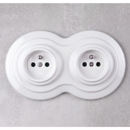 Elhard - Double ceramic retro-style wall outlet with frame, 230V, white