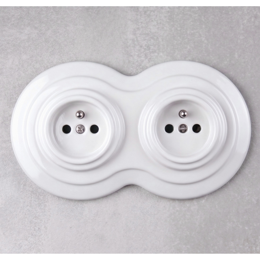 Elhard - Double ceramic retro-style wall outlet with frame, 230V, white