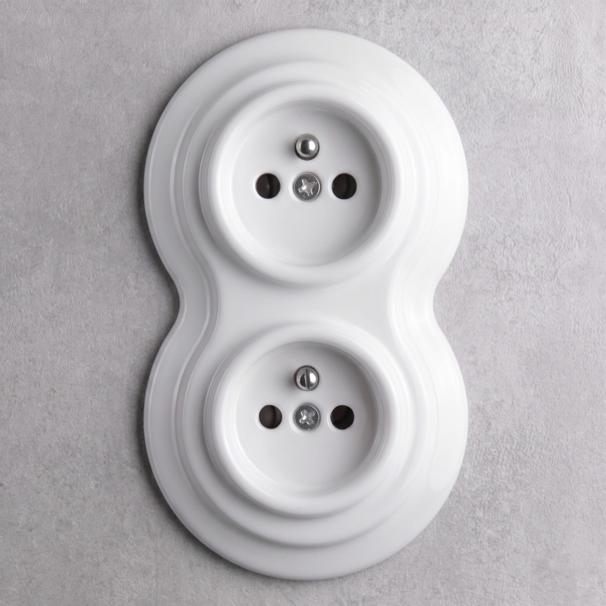 Elhard - Double ceramic retro-style wall outlet with frame, 230V, white
