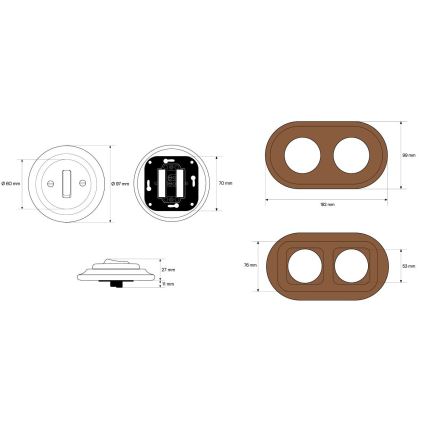 Elhard - Double ceramic retro switch with frame č. 1 white/dark wood