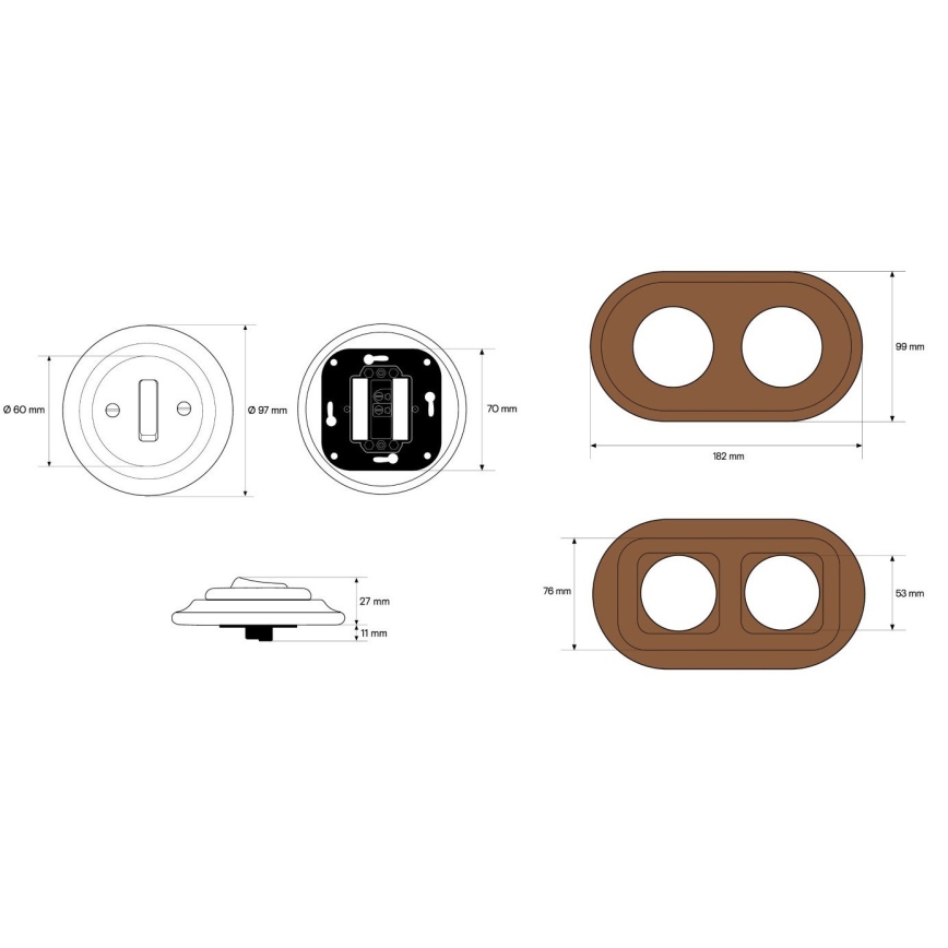 Elhard - Double ceramic retro switch with frame č. 1 white/dark wood