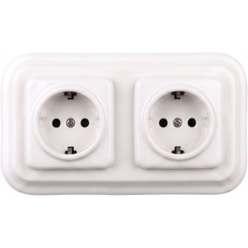 Elhard - Double Ceramic Retro Wall Socket (SCHUKO) with Frame, 230V, White