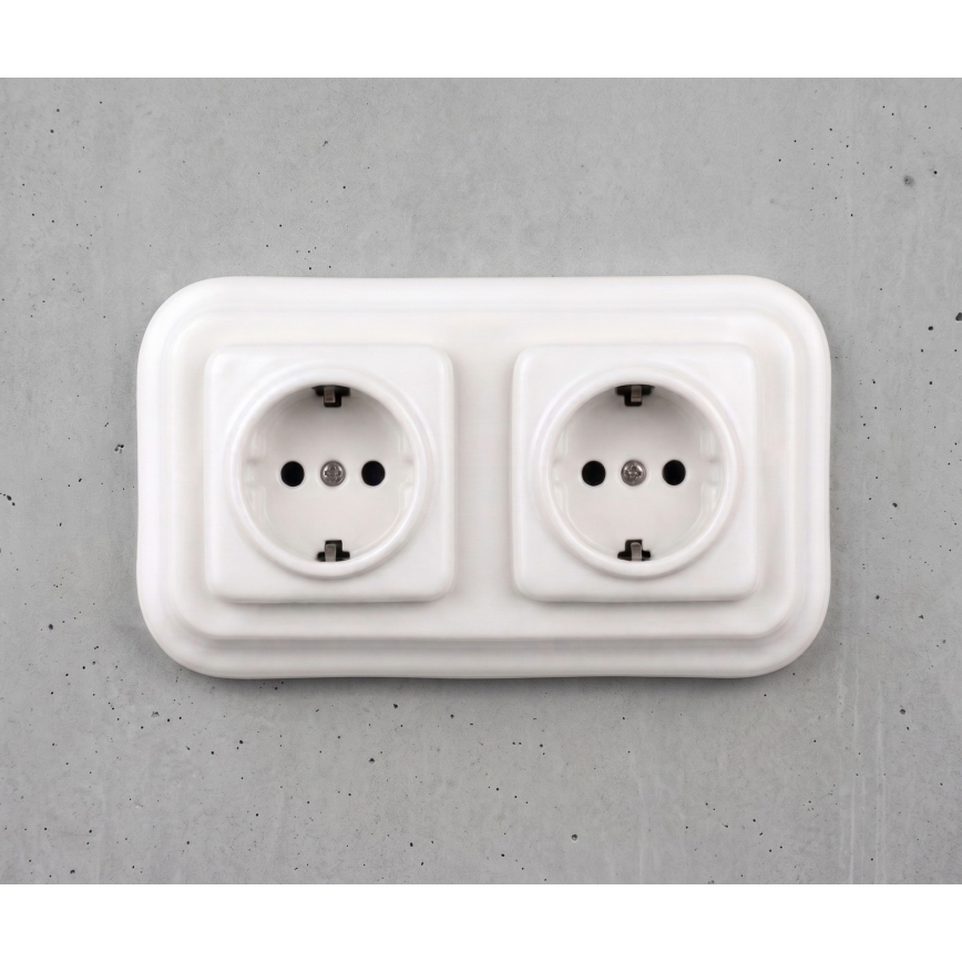 Elhard - Double Ceramic Retro Wall Socket (SCHUKO) with Frame, 230V, White