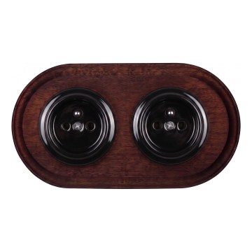 Elhard - Double ceramic retro wall socket with frame 230V black/dark wood