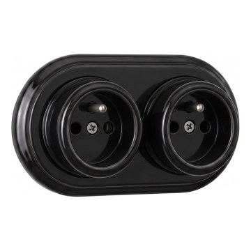 Elhard - Double Ceramic Retro Wall Socket with Frame, 230V, Black