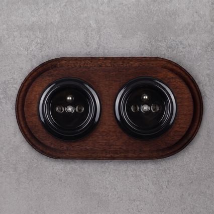 Elhard - Double ceramic retro wall socket with frame 230V black/dark wood