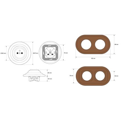 Elhard - Double ceramic retro wall socket with frame 230V black/dark wood
